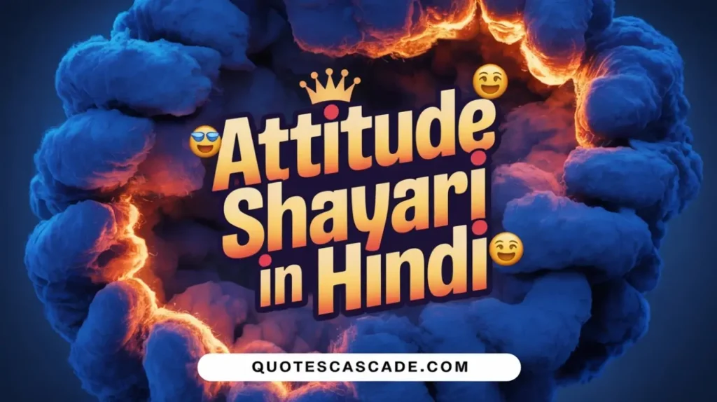 "A bold digital graphic showing a smoky, fiery explosion ring with deep blue and orange colors. In the center, large 3D text reads 'Attitude Shayari in Hindi' in gradient yellow-orange color with emojis like 😎 😁 😆. A golden crown icon is placed above the word 'Attitude'. At the bottom center, a white rounded banner displays the website URL 'QUOTESCASCADE.COM' in bold black font. The vibe is powerful, modern, and dramatic with attitude-filled visual energy."