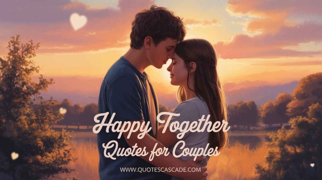 A romantic digital illustration of a young couple (boy and girl) gently holding each other during a sunset in a field, surrounded by soft trees and glowing skies. The boy rests his forehead lovingly against the girl's, creating a peaceful and emotional moment. The quote "Happy Together Quotes for Couples" is written in elegant cursive across the center, with the website www.quotescascade.com below.