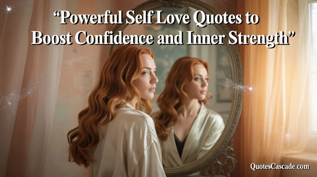 Image with text, intended to promote self-love. A woman in a silk robe looks in a mirror. The text says, “Powerful Self Love Quotes to Boost Confidence and Inner Strength”.