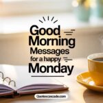 A cozy morning setup with a bright yellow coffee cup steaming gently on a wooden table, an open spiral notebook ready for notes, and a blurred indoor background with soft sunlight. Centered text reads: “Good Morning Messages for a Happy Monday” in bold black typography. Below, the website name “Quotescascade.com” is clearly displayed.