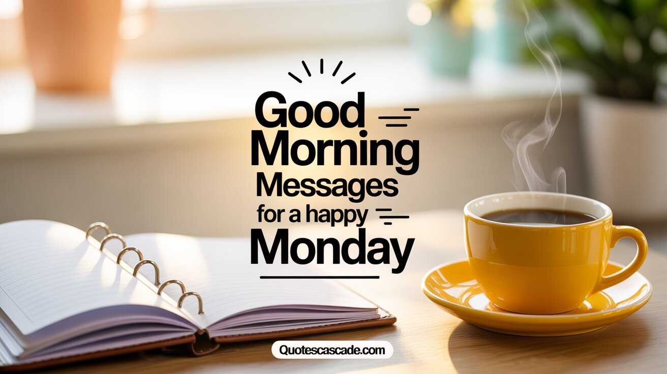 A cozy morning setup with a bright yellow coffee cup steaming gently on a wooden table, an open spiral notebook ready for notes, and a blurred indoor background with soft sunlight. Centered text reads: “Good Morning Messages for a Happy Monday” in bold black typography. Below, the website name “Quotescascade.com” is clearly displayed.