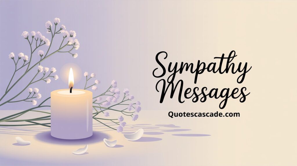 "A soft, elegant sympathy-themed image with a lit white candle, delicate white baby's breath flowers in the background, and soft petals scattered on a neutral surface. Gentle gradient background from lavender to beige. Text in elegant cursive font reads 'Sympathy Messages' with the website 'Quotescascade.com' below."