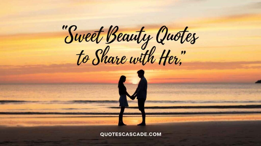 A romantic couple standing hand-in-hand on a beach at sunset. The golden-orange sky reflects over the calm ocean, creating a warm, serene mood. The couple is silhouetted against the glowing horizon, expressing love and connection. Overlay elegant cursive text that says: “Sweet Beauty Quotes to Share with Her,” and below it, in clean bold font, add “QUOTESCASCADE.COM”. The atmosphere should feel peaceful, intimate, and ideal for a love quote blog banner.

