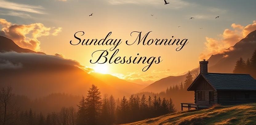A peaceful Sunday morning landscape with golden sunlight rising over misty mountains, soft clouds glowing in the sky, birds flying gently in the background, a wooden cabin sitting on a green hill surrounded by pine trees, warm and serene atmosphere. Text overlay in elegant cursive font: "Sunday Morning Blessings".