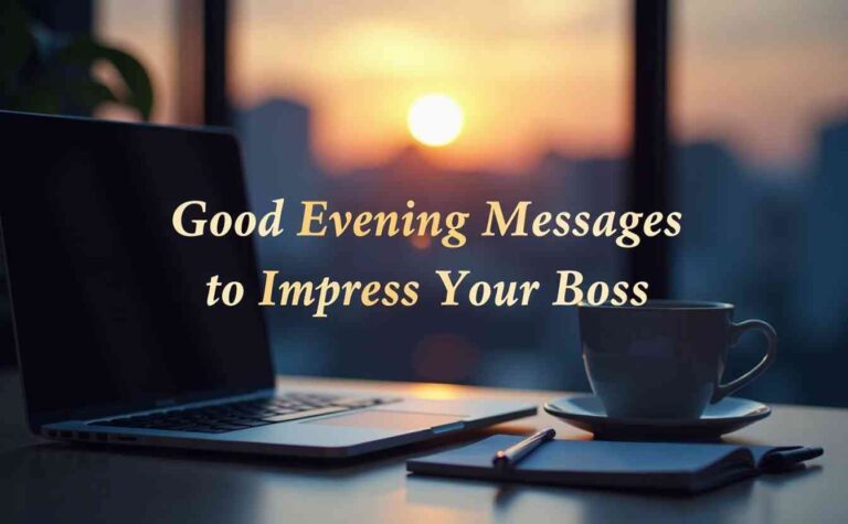 "Laptop and coffee cup on office desk with sunset view – Good evening message for boss.">