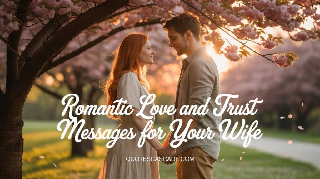 A romantic couple standing under blooming cherry blossom trees during golden hour, holding hands and gazing lovingly into each other’s eyes. Soft sunlight filters through the petals, creating a dreamy and warm atmosphere. The woman has long red hair and wears a soft white dress, while the man is dressed in casual beige and khaki. The background is filled with blurred sakura blossoms and a peaceful park path. Text overlay reads: “Romantic Love and Trust Messages for Your Wife” in elegant white cursive font, with “QUOTESCASCADE.COM” in smaller text below.