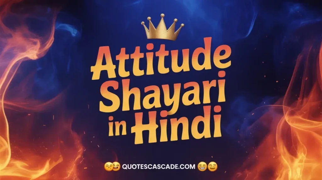 "A bold and stylish graphic design featuring the text 'Attitude Shayari in Hindi' in large 3D yellow-orange gradient font. The background is a dramatic swirl of blue and red flames and smoke. A golden crown icon floats above the word 'Attitude'. At the bottom, the text 'QUOTESCASCADE.COM' is centered in white bold font, with expressive emojis 😤😆😁 around it. The overall style is intense, cool, and fire-themed with a desi attitude vibe."