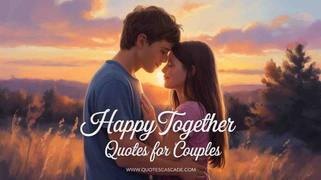 "Romantic digital illustration of a young couple gently touching foreheads during sunset in a field — with quote ‘Happy Together Quotes for Couples’.">

