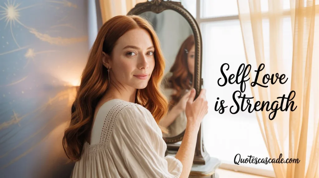 A red-haired woman gazes back over her shoulder towards the viewer, with the text overlay "Self Love is Strength". She is touching an antique mirror in a serene, warm lit setting.