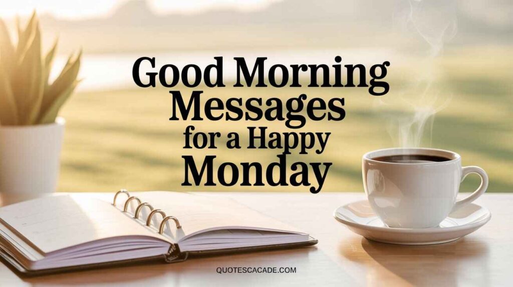 A warm and inspiring Monday morning scene featuring a steaming cup of coffee, an open planner, and a blurred sunlit background. In the center, bold black text reads “Good Morning Messages for a Happy Monday,” and at the bottom, the website “QUOTESCASCADE.COM” is displayed.