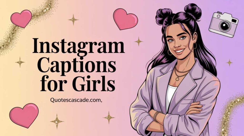 "Trendy girl with double buns smiling in a pastel background, surrounded by hearts and sparkles — Instagram Captions for Girls from Quotescascade.com."