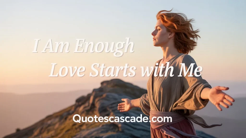 A woman stands with outstretched arms atop a mountain with the text "I Am Enough Love Starts with Me" above the website name. This positive message is suitable for a personal growth blog.