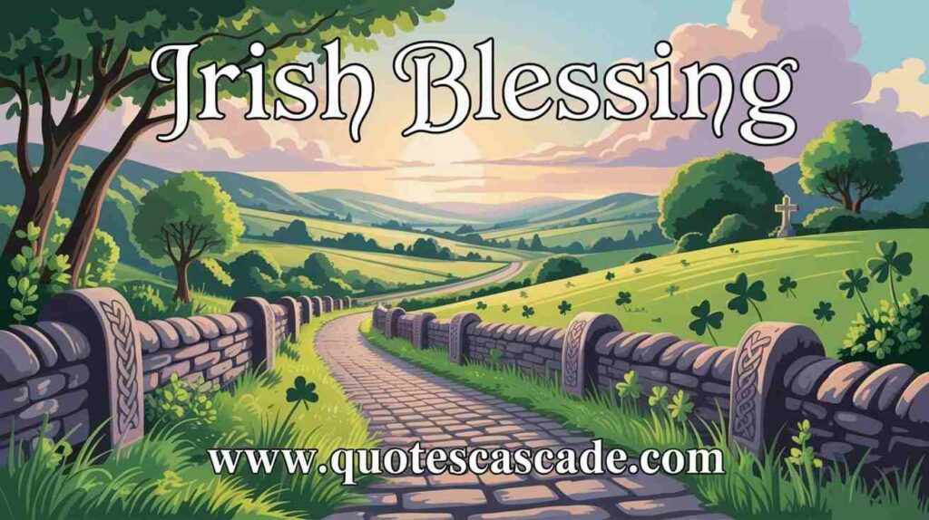 "Peaceful Irish countryside path with Celtic wall and distant cross – symbolizing a heartfelt Irish blessing."