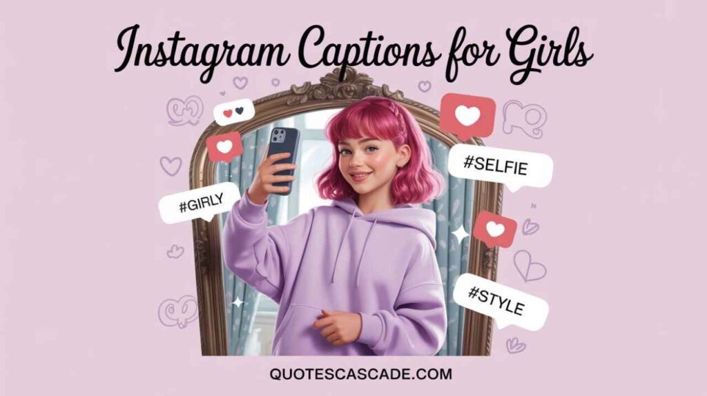 "A cute teenage girl with bright pink bob-cut hair taking a selfie in front of an ornate mirror, wearing a lavender hoodie. The background is a soft pink with doodles of hearts and smiley faces. Floating social media icons like hearts and hashtags (#SELFIE, #GIRLY, #STYLE) surround her. Aesthetic, soft pastel color theme, modern and girly, digital art, charming and cheerful expression."