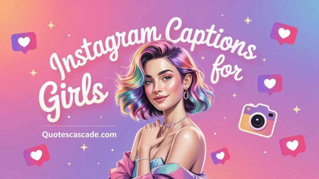 "Stylish young woman with shoulder-length rainbow hair, glowing smooth skin, and glossy makeup, standing confidently in front of a dreamy gradient background (pink, purple, orange). She is wearing a trendy off-shoulder outfit with pastel tones, accessorized with elegant jewelry. Floating social icons (hearts, camera, likes) and sparkles surround her. Bold and girly Instagram aesthetic, perfect for fashion or caption-themed designs. Digital art, vibrant and glossy finish, cheerful and confident mood."