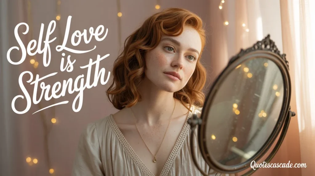 An inspirational image shows a fair skinned, red haired woman looking into a mirror. The message "Self Love is Strength" is featured in stylized white text, emphasizing empowerment.