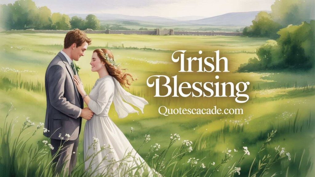 "Romantic Irish countryside scene with a bride and groom in a field, symbolizing love and blessings – Irish Blessing."