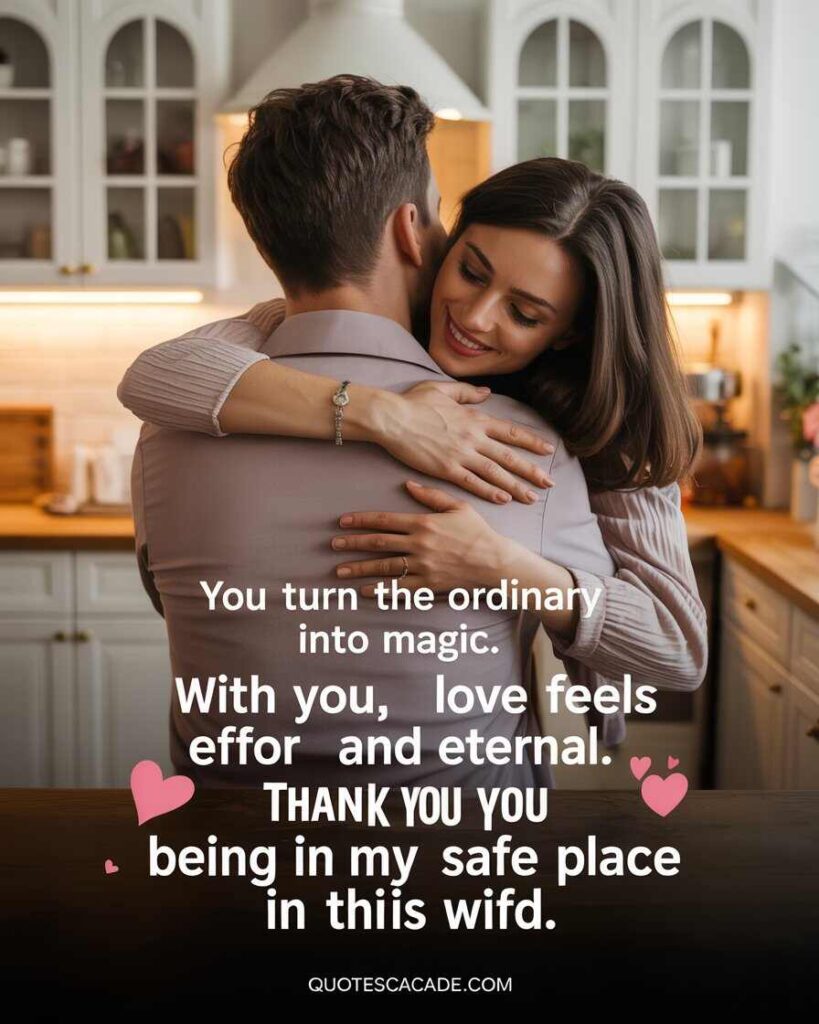 A romantic couple hugging in a cozy kitchen, warm lighting, white cabinets. The woman smiles with eyes closed, hugging from behind. Text overlay with love message and small pink hearts.