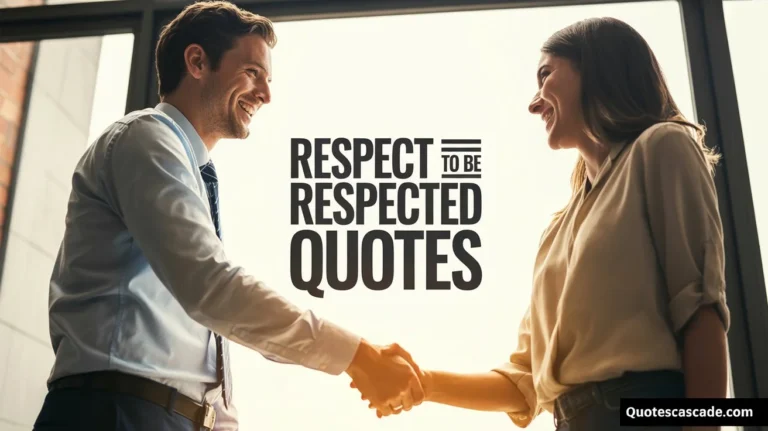 "Corporate motivational quote background featuring a professional man and woman in business attire shaking hands, smiling at each other, standing near large office windows with sunlight streaming in, bold uppercase font in the center reading 'RESPECT TO BE RESPECTED QUOTES', modern and clean office environment, logo 'QUOTESCASCADE.COM' in the corner."