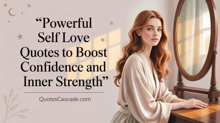 Illustration for "Powerful Self Love Quotes to Boost Confidence and Inner Strength" with an illustration of a woman at a vanity. The website QuotesCascade.com is watermarked on the image.
