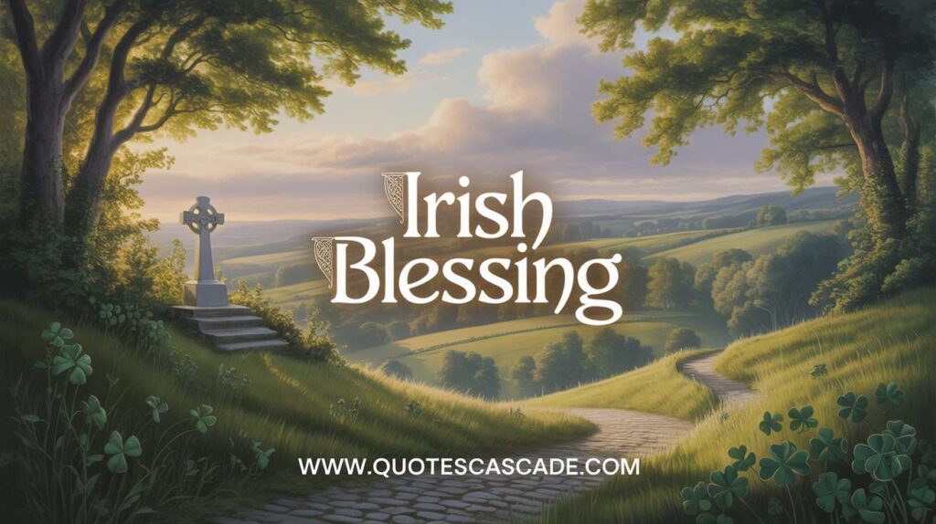 "A peaceful Irish countryside with rolling green hills, a Celtic cross monument, cobblestone path, clovers in the foreground, and golden sunlight filtering through trees — text 'Irish Blessing' in elegant font."