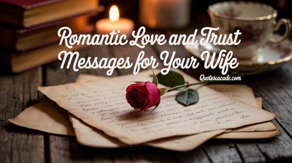 A romantic vintage scene with handwritten love letters, a red rose placed on top, a teacup with floral design, glowing candles, and old books on a rustic wooden table. Text overlay: "Romantic Love and Trust Messages for Your Wife".