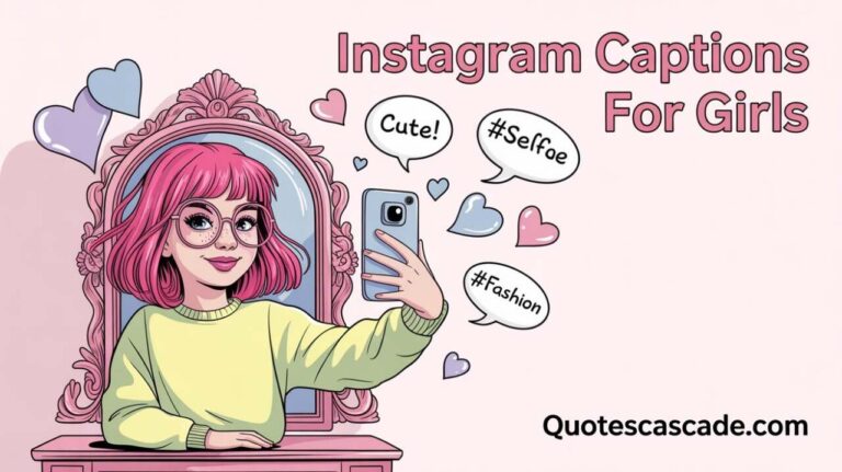 “Cartoon girl taking a selfie in front of a mirror with hashtags like #Cute, #Selfie, and #Fashion — Instagram captions for girls.”