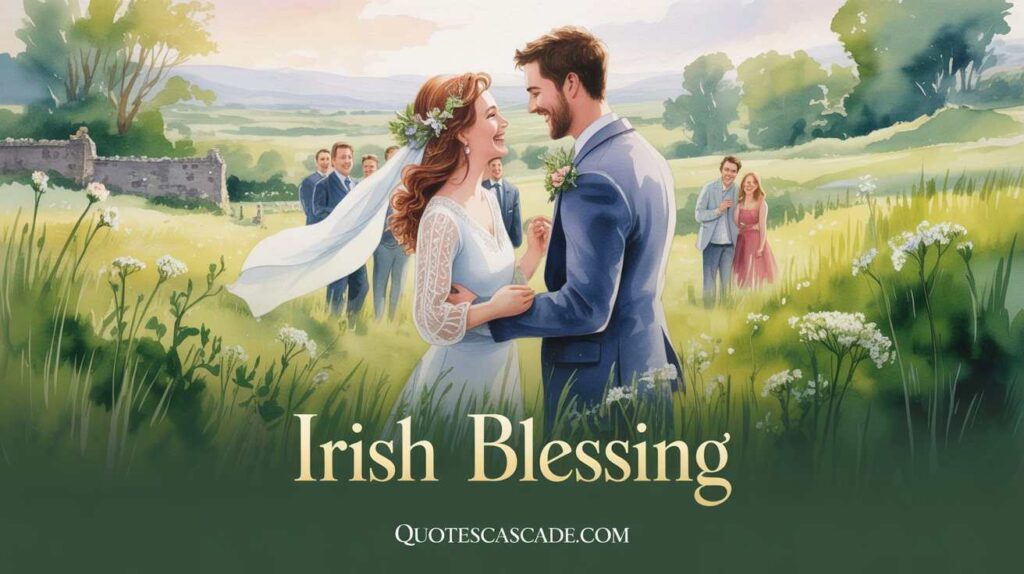 "A joyful Irish countryside wedding scene with a smiling bride and groom in floral attire, surrounded by guests, blooming wildflowers, stone wall ruins, and soft sunlight — text 'Irish Blessing' at the bottom."