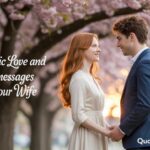 A romantic couple holding hands under blooming cherry blossom trees at sunset. The woman wears a white dress, and the man is in a blue suit. They smile lovingly at each other. Text overlay reads "Romantic Love and trust messages for your Wife".