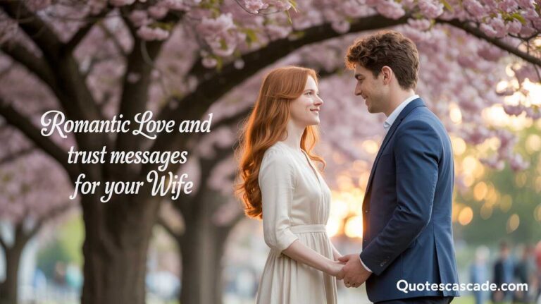 A romantic couple holding hands under blooming cherry blossom trees at sunset. The woman wears a white dress, and the man is in a blue suit. They smile lovingly at each other. Text overlay reads "Romantic Love and trust messages for your Wife".