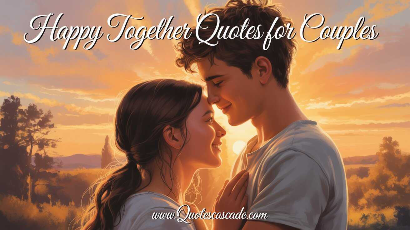 A romantic couple smiling at each other during sunset. Text on image: “Happy Together Quotes for Couples” and www.quotescascade.com.