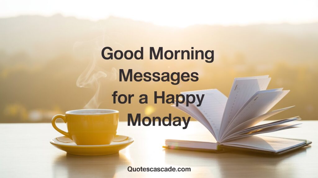 A steaming yellow coffee cup on a saucer next to an open planner on a glossy table with a sunrise background, soft warm light and misty hills in the distance, motivational text in bold black font saying "Good Morning Messages for a Happy Monday", peaceful and productive morning vibe

