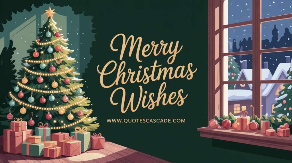 "Festive Christmas tree indoors, glowing lights, snow outside the window, cozy decor, 'Merry Christmas Wishes' text in golden script." 










