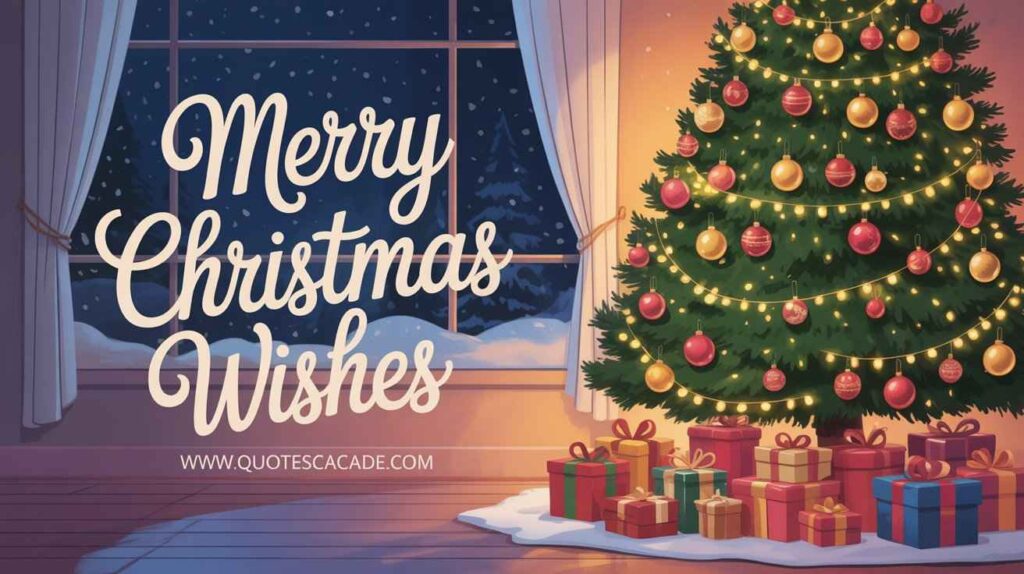 "Warm indoor Christmas scene with decorated tree, gift boxes, and snowy night outside; 'Merry Christmas Wishes' written in elegant white font." 








