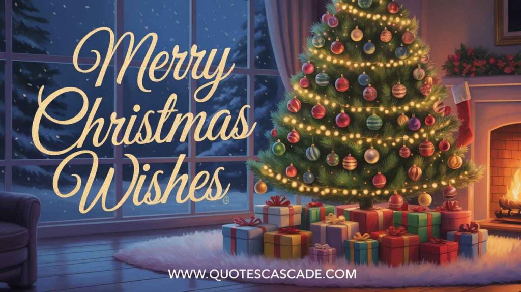 "Cozy living room with fireplace, Christmas tree lit with ornaments, wrapped gifts, snowy window, 'Merry Christmas Wishes' in golden script." 









