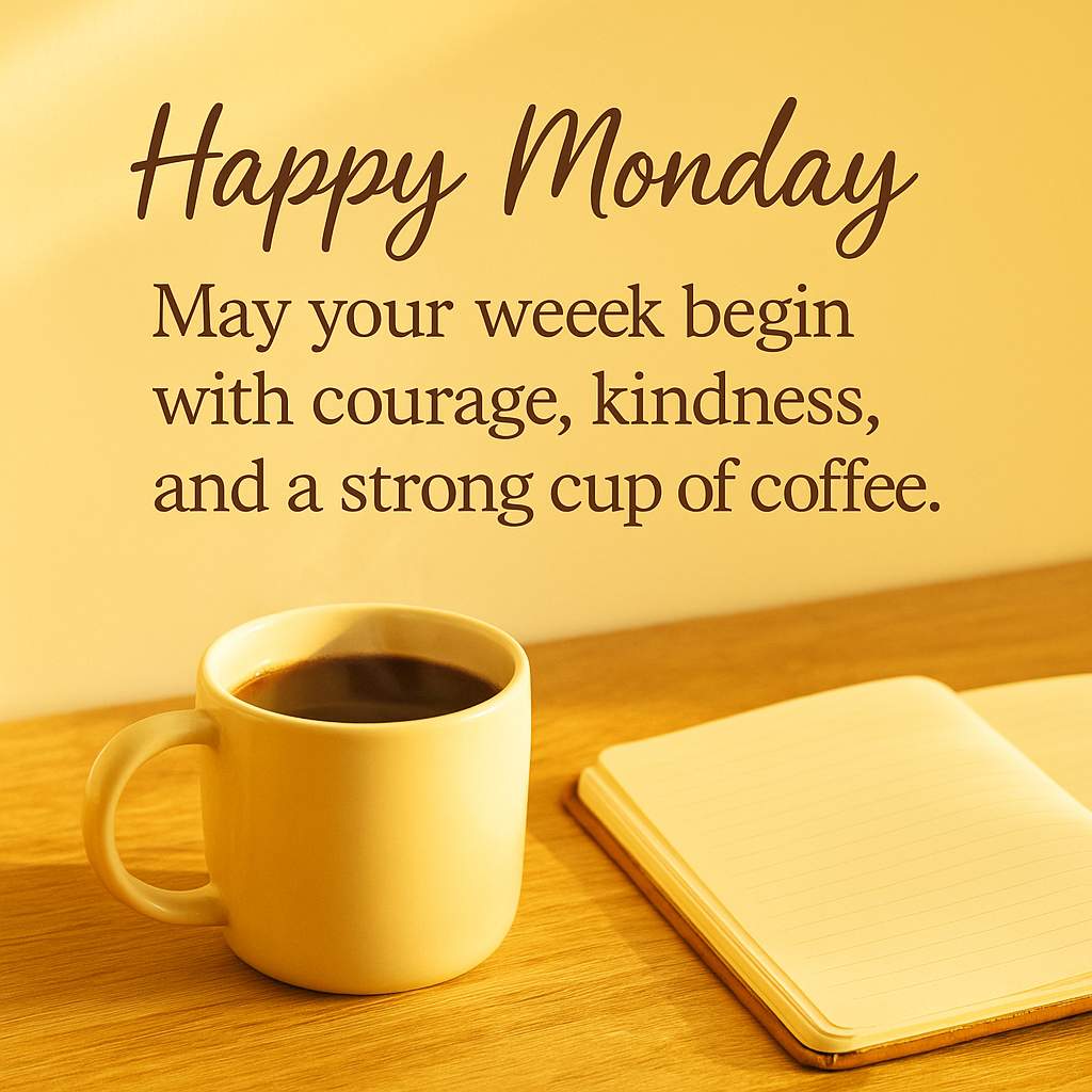 “Happy Monday quote image with a coffee mug and notebook on a wooden table, warm yellow tones, inspirational Monday message in elegant font”