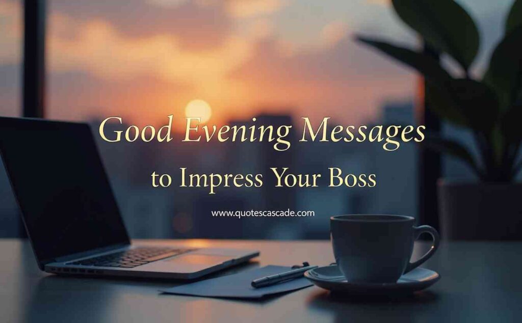 "Sunset view from office desk with laptop, coffee, and 'Good Evening Messages to Impress Your Boss' text."