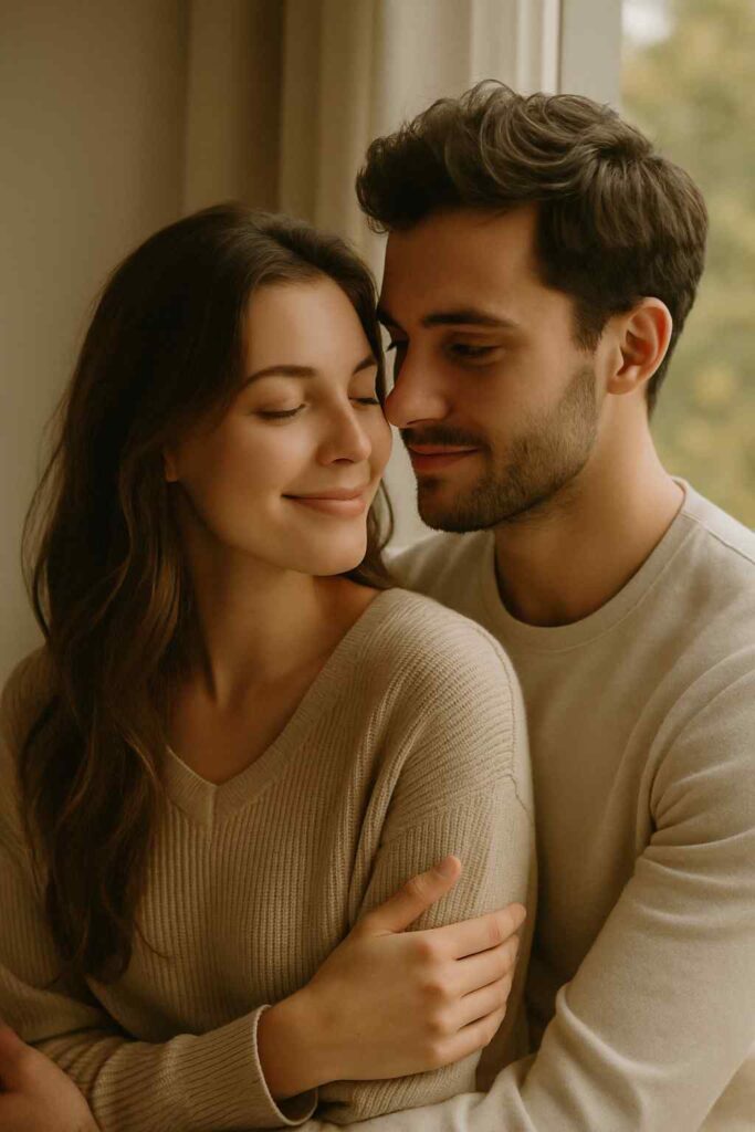 A romantic and cozy portrait of a young couple hugging each other near a softly lit window, both wearing beige sweaters, with warm natural light and gentle smiles, soft tones, emotional and sweet vibe — Sweet Beauty Quotes to Share with Her — quotescascade.com

