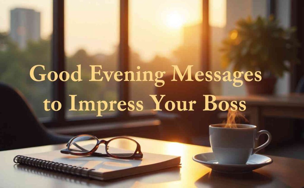 "Notebook, glasses, and coffee cup on desk with sunset view — Good Evening Messages to Impress Your Boss."
