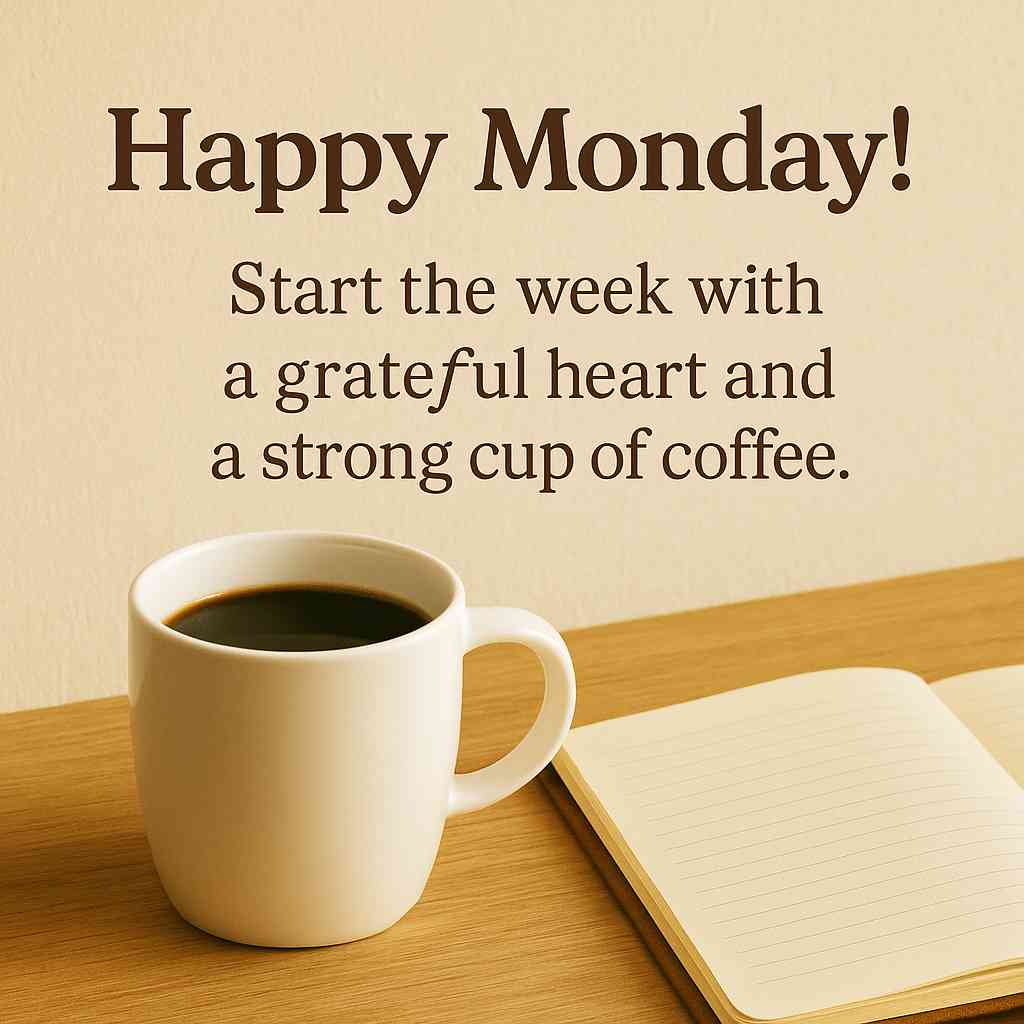 Minimalist Monday scene with a white coffee cup on a light wooden desk, open notebook beside it, beige background, soft shadows, bold brown text overlay with motivational Monday message.


