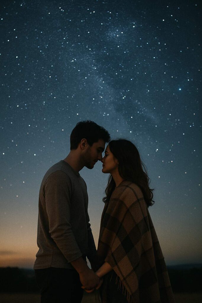 A romantic couple stands hand in hand beneath a breathtaking starry sky, their foreheads gently touching, wrapped in warmth and love. 









