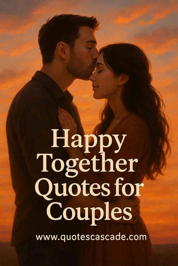 A romantic illustration of a husband gently kissing his wife's forehead at sunset with quote 'Happy Together Quotes for Couples' – warm orange and pink sky in the background.">
