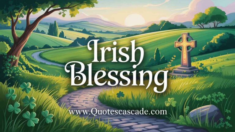 Scenic Irish countryside with Celtic cross and shamrocks – representing a traditional Irish blessing