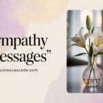 A soft and comforting sympathy-themed graphic featuring a minimalist vase with fresh white lilies placed on a polished surface. A warm, softly glowing candle flickers in the blurred background, creating a peaceful and serene atmosphere. The background includes gentle watercolor textures in lavender, cream, and pastel tones. On the left, elegant serif text reads "Sympathy Messages" with the website "Quotescascade.com" below. The overall mood is calming, respectful, and reflective, suitable for condolence or memorial content.