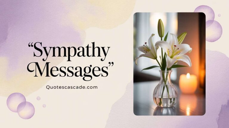 A soft and comforting sympathy-themed graphic featuring a minimalist vase with fresh white lilies placed on a polished surface. A warm, softly glowing candle flickers in the blurred background, creating a peaceful and serene atmosphere. The background includes gentle watercolor textures in lavender, cream, and pastel tones. On the left, elegant serif text reads "Sympathy Messages" with the website "Quotescascade.com" below. The overall mood is calming, respectful, and reflective, suitable for condolence or memorial content.