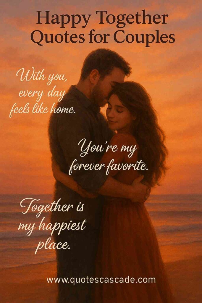 Romantic illustration of a couple hugging on the beach at sunset, with warm orange sky and quotes like ‘You’re my forever favorite’ – from Happy Together Quotes for Couples.">
