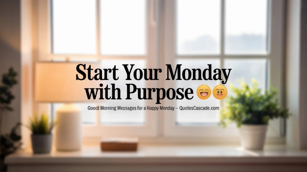 Bright cozy morning interior scene with a soft lamp, indoor potted plants, and a window showing a blurred outdoor view. Motivational text in bold black font: "Start Your Monday with Purpose 😁😋". Subtext in smaller font: "Good Morning Messages for a Happy Monday – QuotesCascade.com". Calm, inspiring, productive mood.