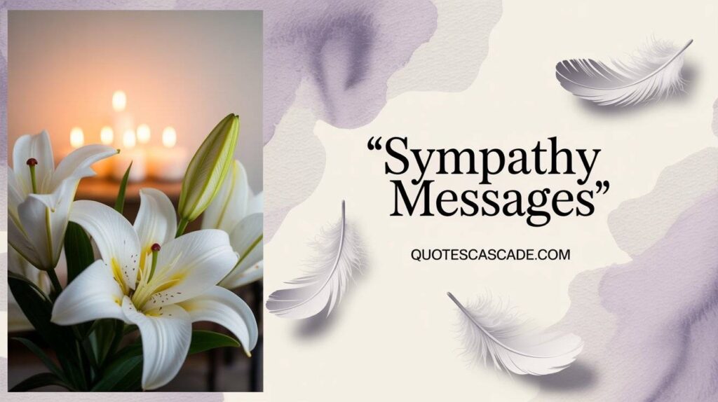 "White lilies and soft feathers with glowing candles in the background, elegant design for condolence message. Text reads 'Sympathy Messages' and includes website link quotescascade.com — comforting and respectful image."