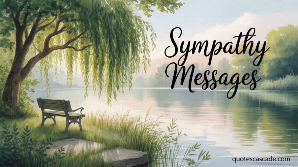 "Peaceful lakeside scene with empty bench under a willow tree, soft morning light reflecting on water. Text reads 'Sympathy Messages' with website link quotescascade.com — comforting condolence image."