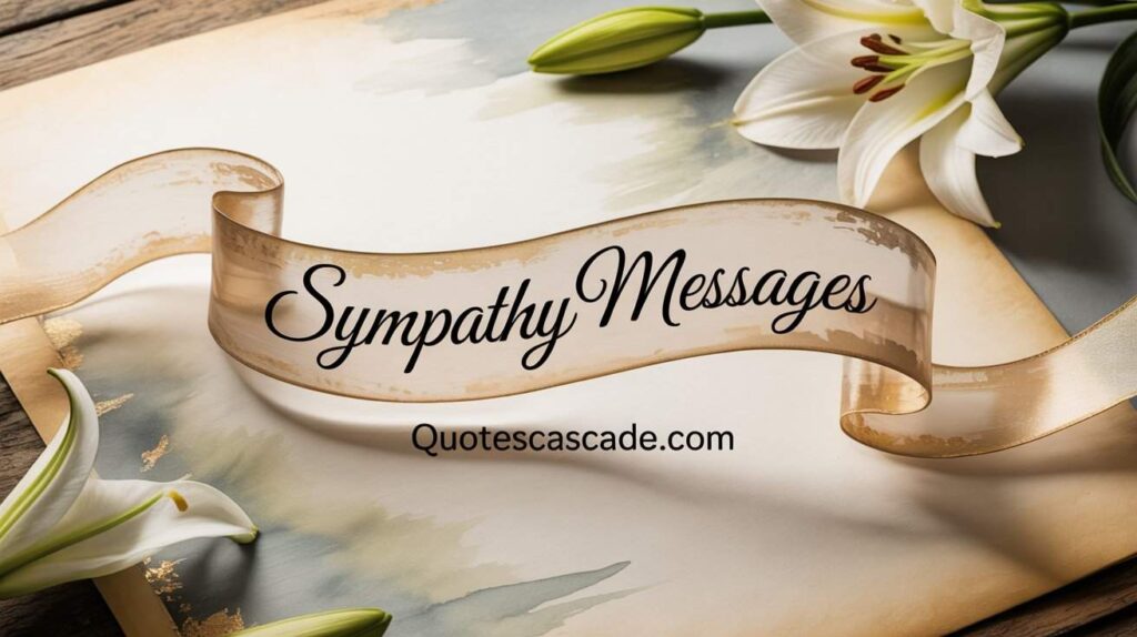 "Elegant sympathy message banner with soft white lilies and artistic ribbon on a gentle watercolor background — image related to condolence and emotional support. Text reads 'Sympathy Messages' with website link quotescascade.com."